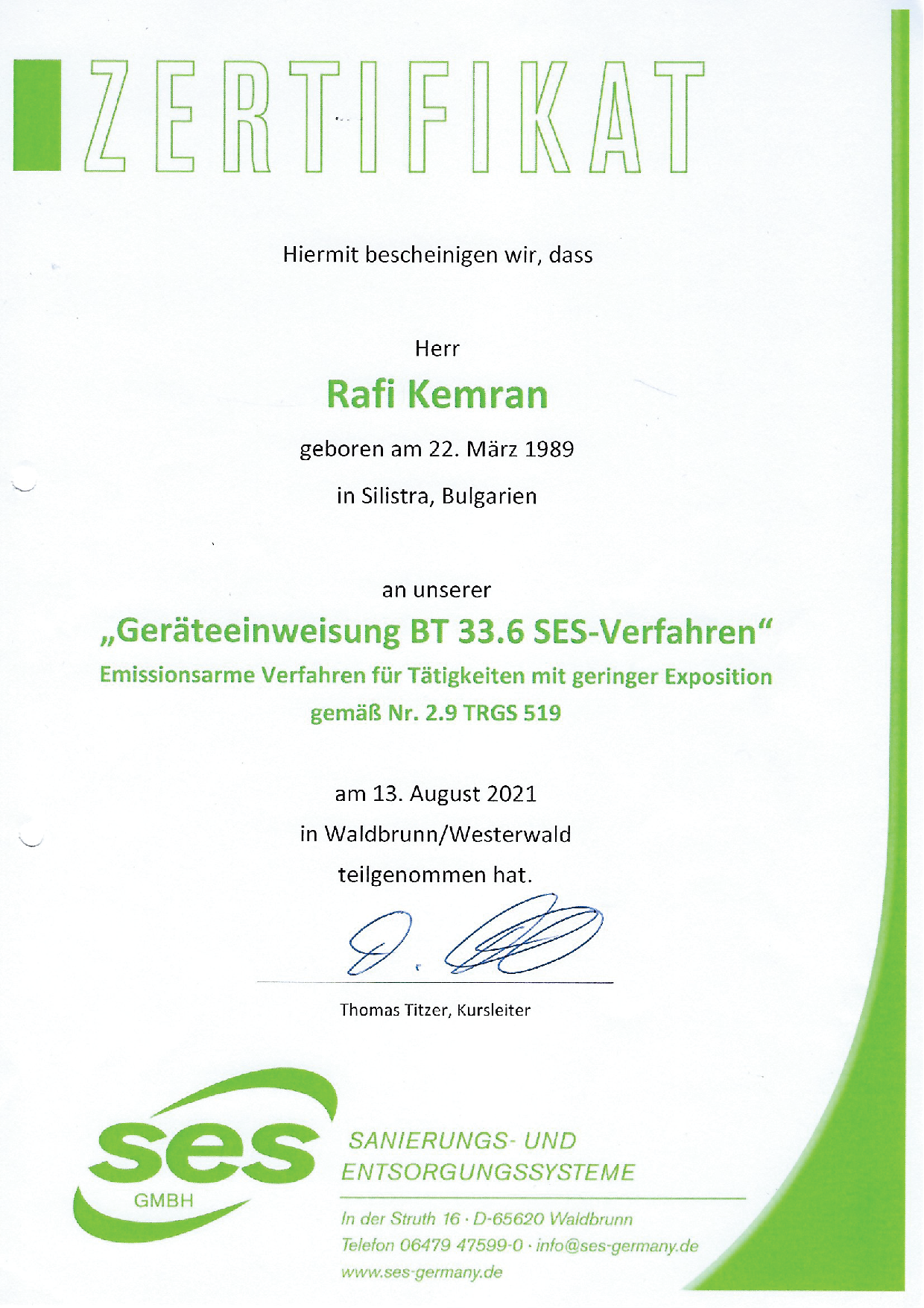 Zertifikat Asbestsanierung TRGS 519